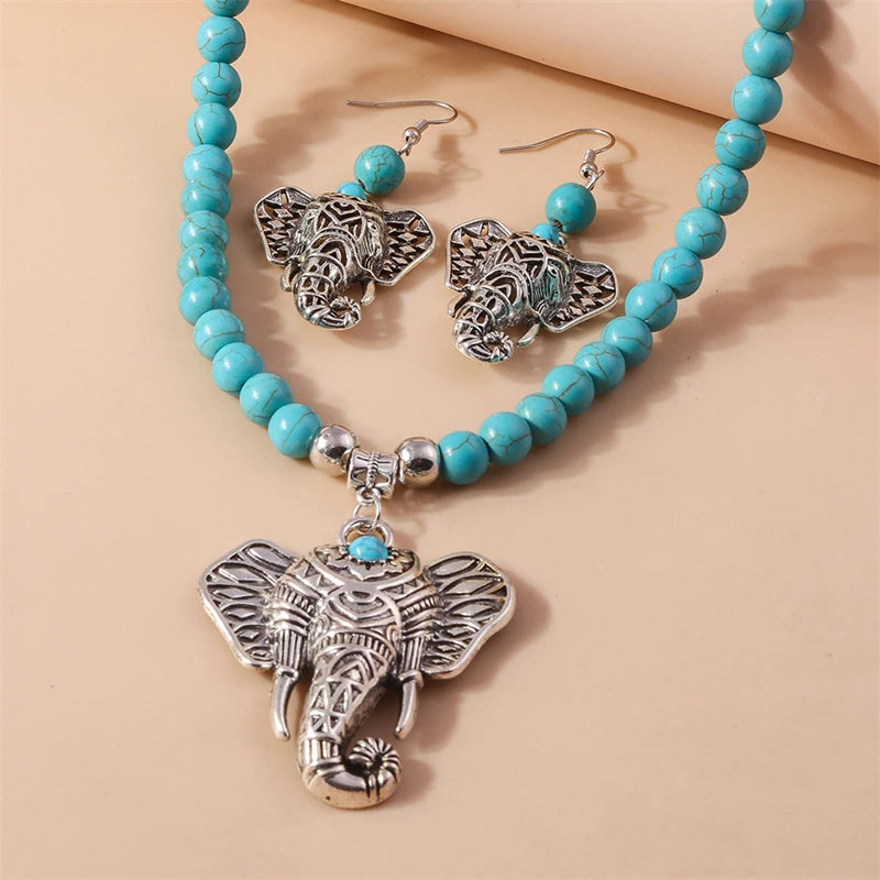 Bohemian Turquoise Elephant Necklace Earrings Set for Women Girls Party Holiday Jewelry Accessories