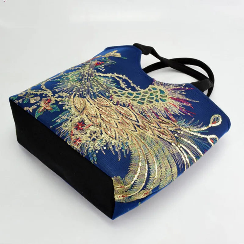 Ethnic Style Sequins Tote Bag, Peacock Embroidery Handbags, Vintage Canvas Crossbody Bag