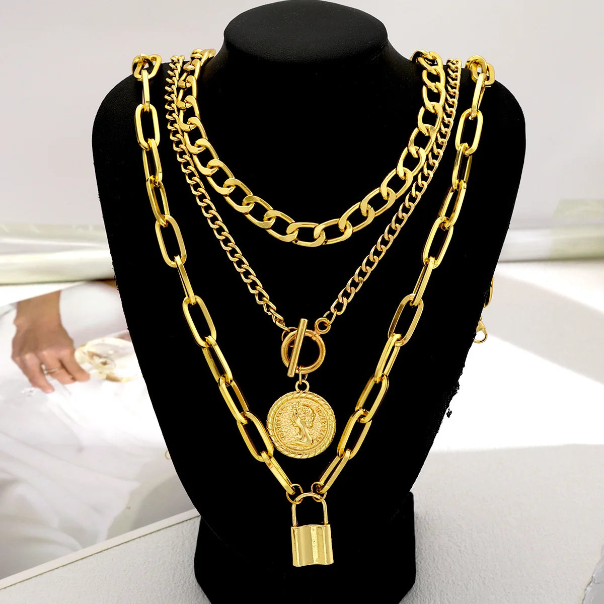 Women's 3-Piece Layered Gold Chain Necklace Set | Lock, Coin & Link Pendant