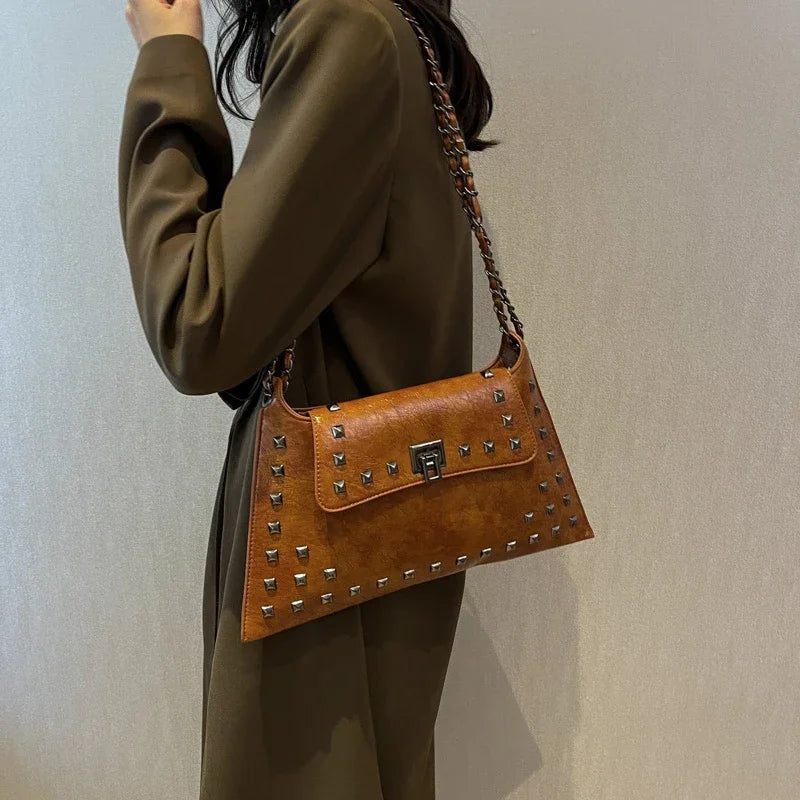 Punk Studded Envelope Shoulder Bag for Women | Rivet Chain Crossbody Handbag | Black & Chocolate