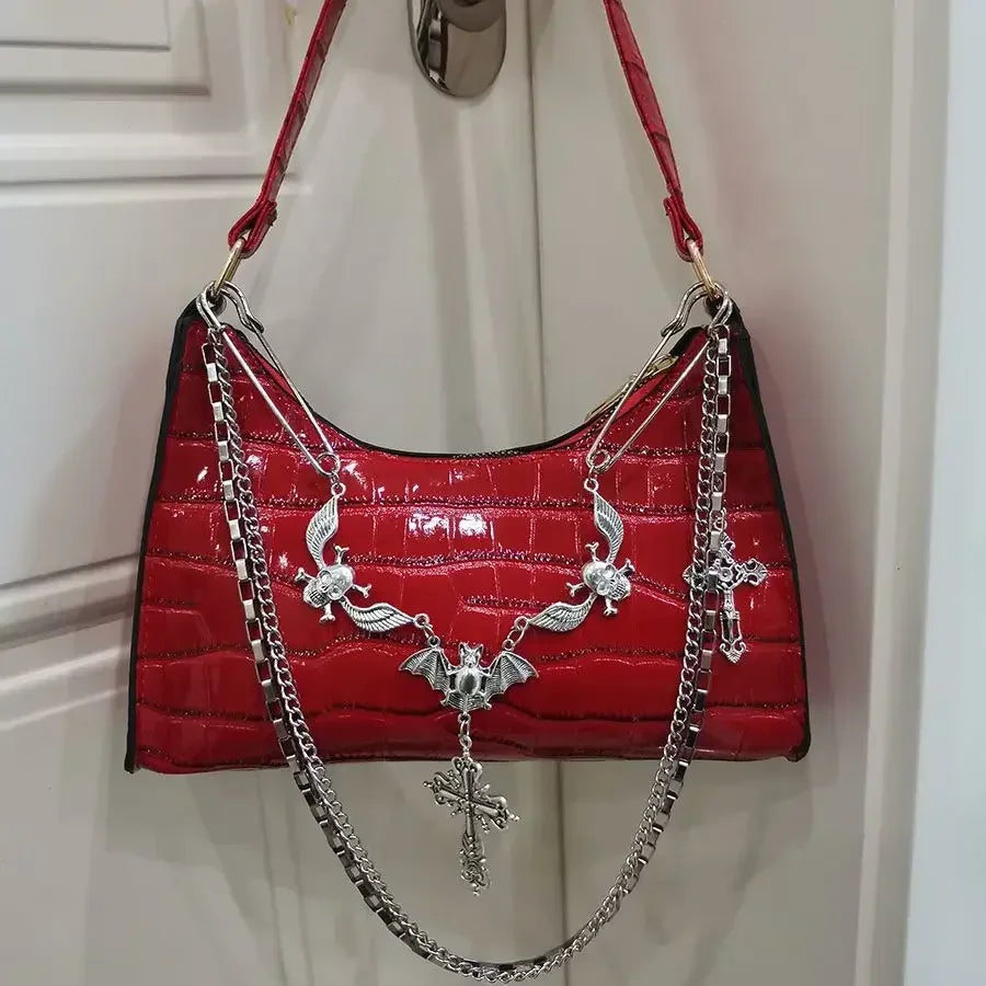 Y2K Gothic Skull Chain Shoulder Bag for Women | Punk Baguette Handbag | Black, Green, Pink, Red