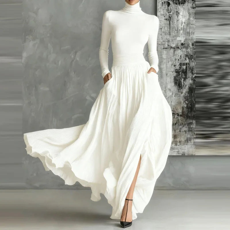 Elegant L/S Casual Turtleneck Pullover & Long Skirt Set with Pocket Solid Skirt