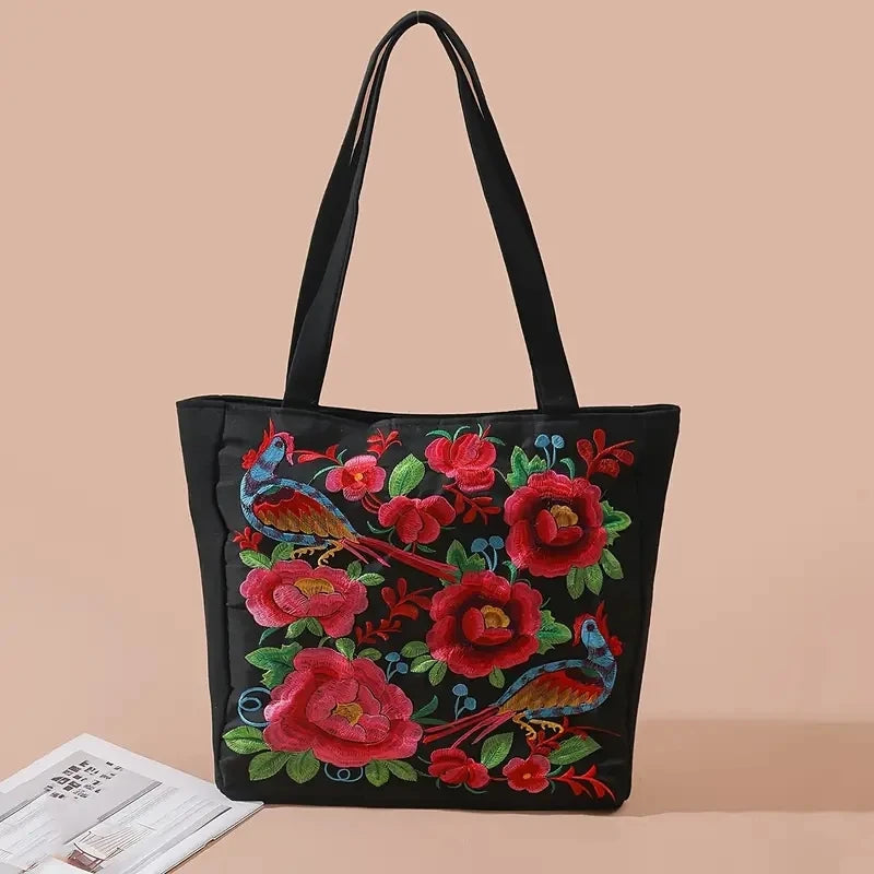 Flower Embroidery Canvas Tote Bag, Ethnic Style Shoulder Bag, Large Capacity Handbag For Women