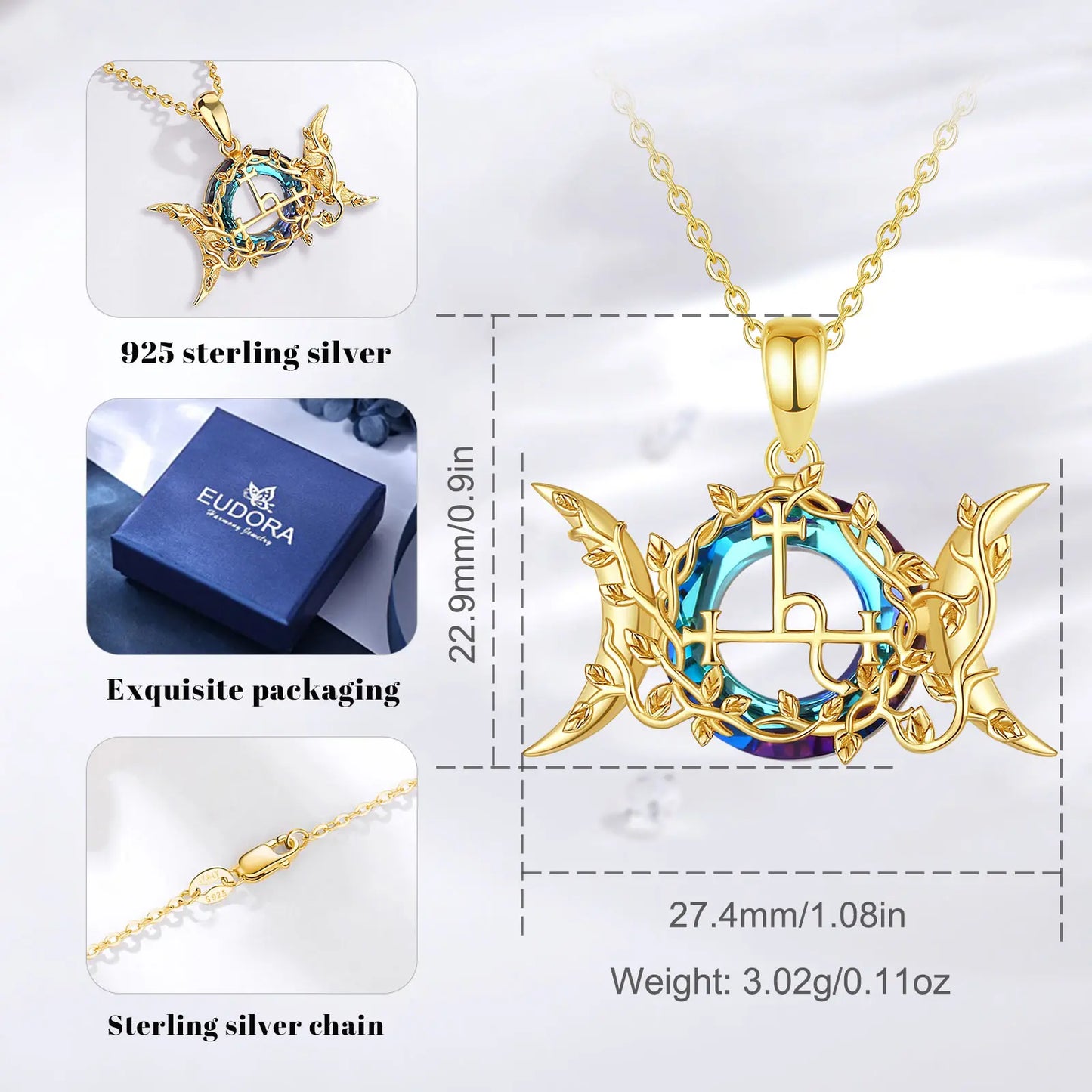 Eudora 925 Sterling Silver Lilith Moon Necklace 18k Gold Demon Lilith Sigil Amulet Pendant Austrian Crystal Jewelry Fine Gift