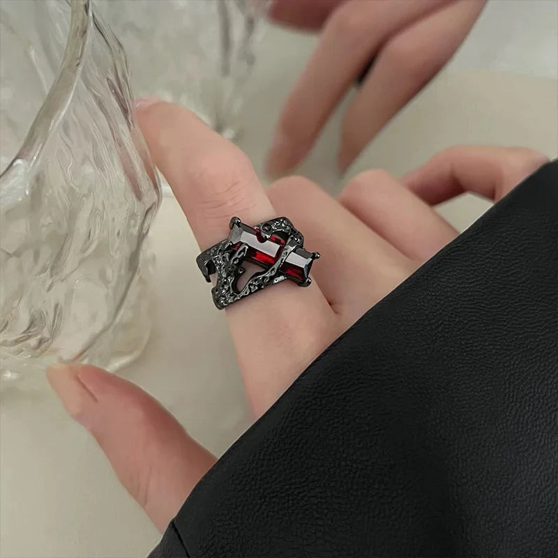 Punk Black Thorns Ring with Rhinestones | Open Adjustable Couple Ring