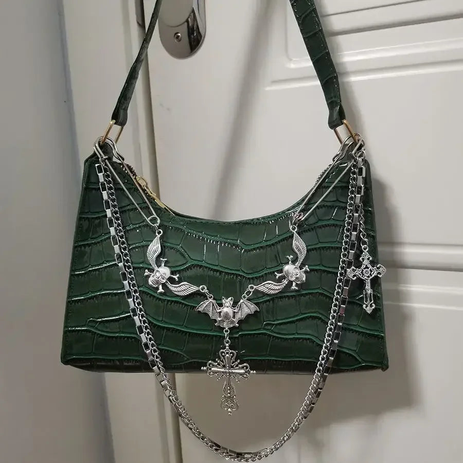 Y2K Gothic Skull Chain Shoulder Bag for Women | Punk Baguette Handbag | Black, Green, Pink, Red