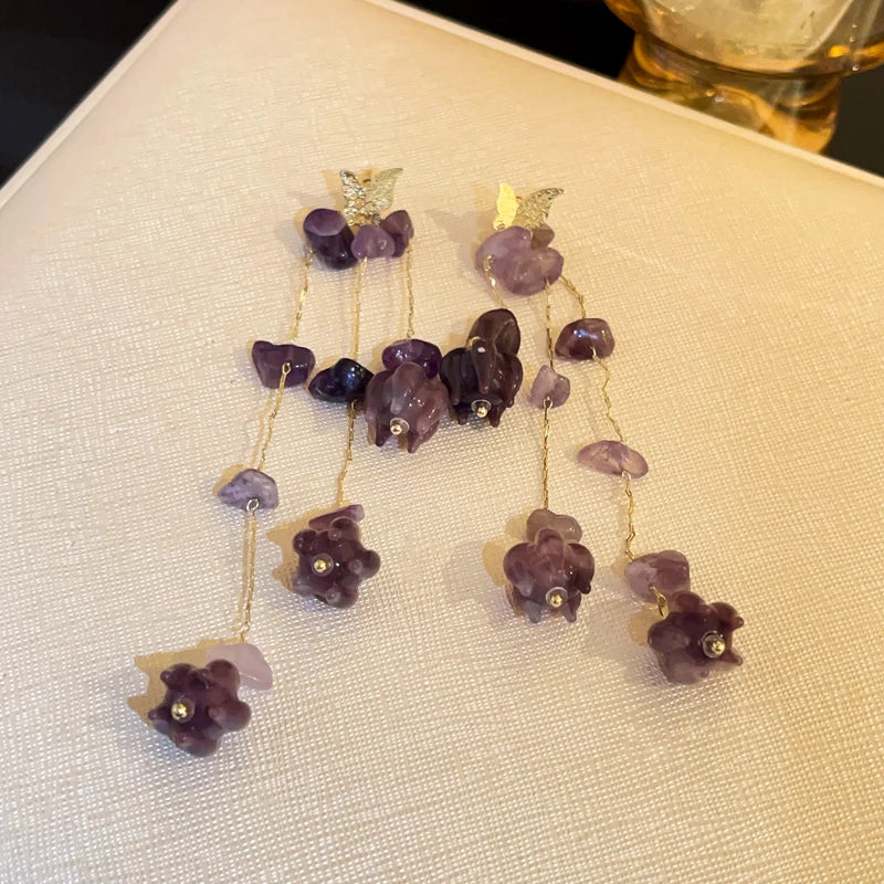 Pink Butterfly Tassel Earrings - Sparkly Crystal Drop Earrings