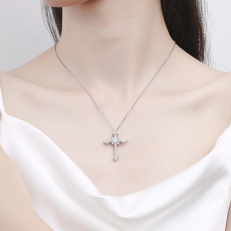 Moissanite Cross Pendant Necklace for Women Men Christian Real 925 Sterling Silver White Gold Jewelry Gifts