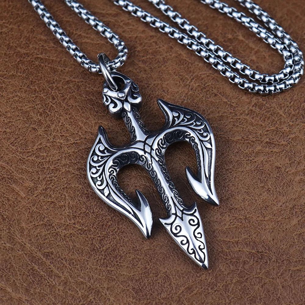 Poseidon's Trident Pendant - Stainless Steel Viking Warrior Necklace