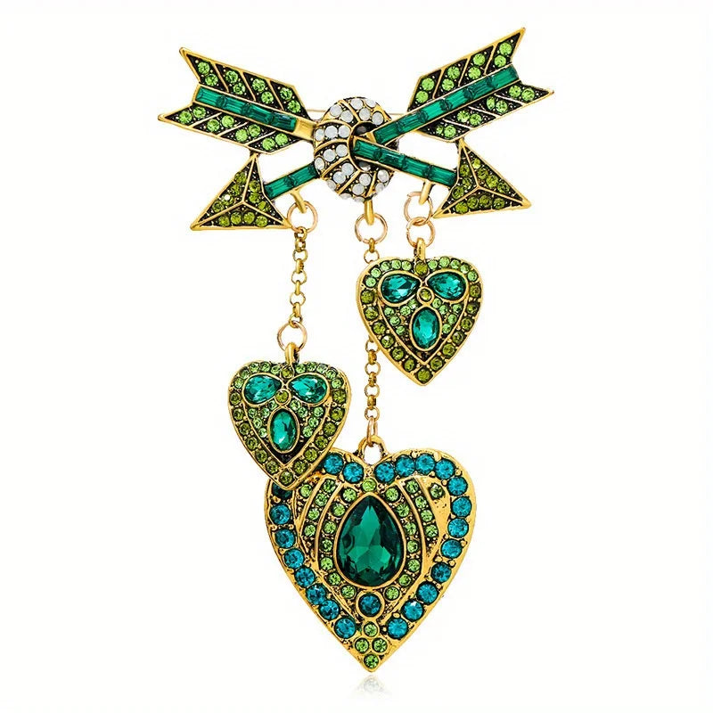 Cupid's Arrow Rhinestone Heart Brooch – Antique Gold Statement Pin