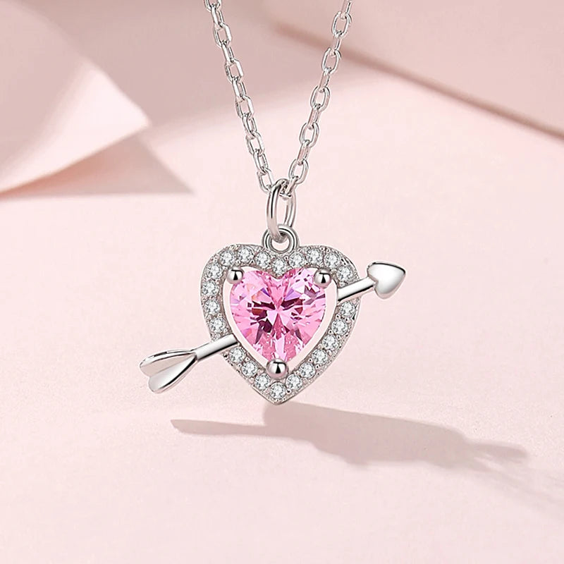 Silver 925 LOVE Necklace Women Cupid's Arrow Fairy Design Light Luxury Pink Zircon Diamond Charm Heart Shaped Pendent 45cm Chain