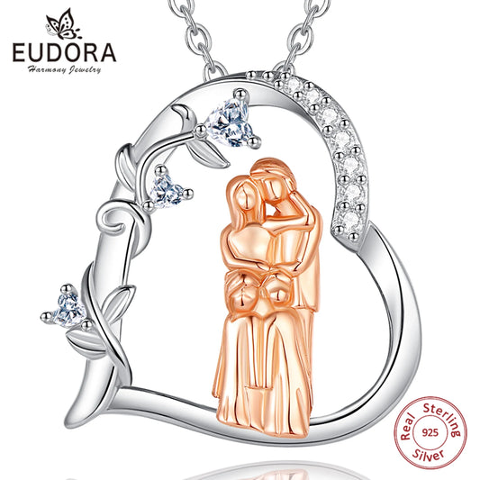 Eudora 925 Sterling Silver Mother and daughter Necklace Fine Mother Kids Family Heart Pendant Trendy Jewelry Mother's Day Gift