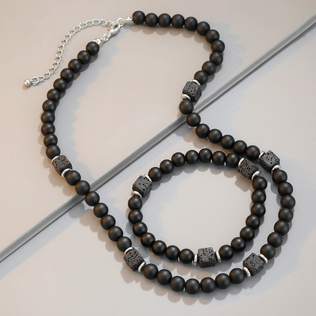 Men's 8mm Natural Matte Black Onyx & Lava Stone Bracelet & Necklace Set