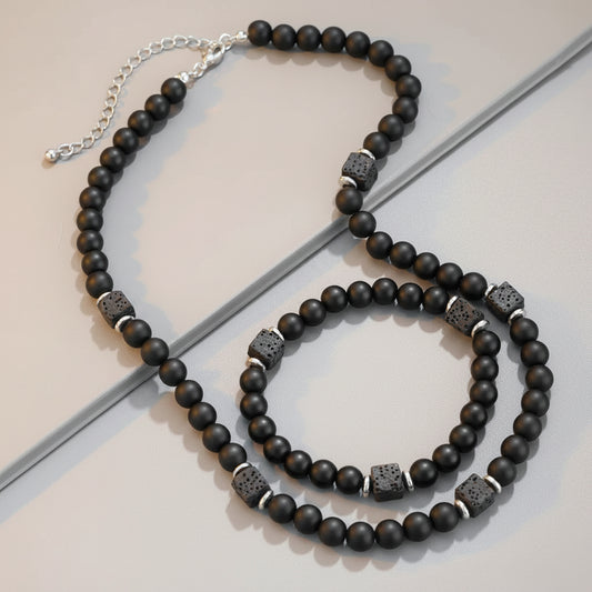 Men's 8mm Natural Matte Black Onyx & Lava Stone Bracelet & Necklace Set
