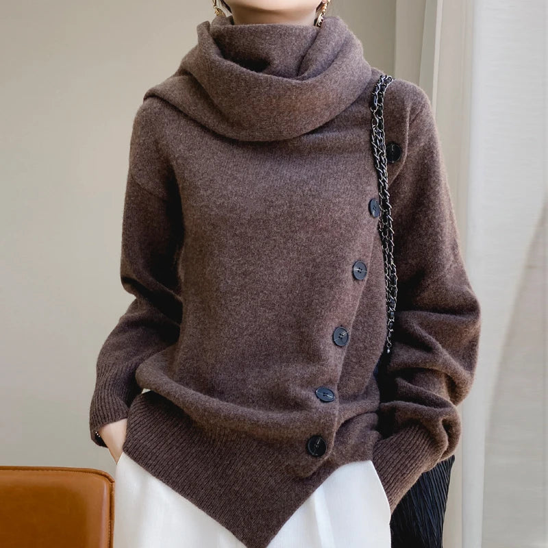 Autumn/Winter New Women's 100% Wool Cashmere Sweater Scarf Tie Button Pullover Loose Korean Fashion Knitted Women's Top