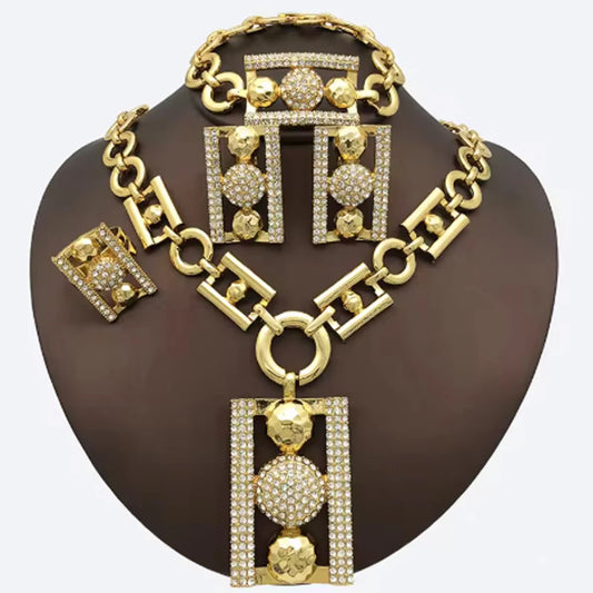 Dubai 18K Gold Plated Luxury Jewelry Set – Rhinestone Necklace, Bracelet, Earrings & Ring