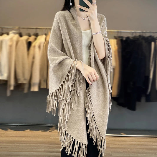 Knitted Cashmere Cardigan 100% Wool Sweater Women's Autumn/Winter New Solid Color Jacket Loose Korean Fashion Knitted Wool Shawl