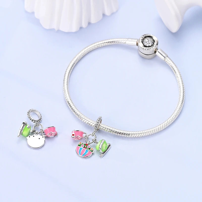 925 Silver Charms Original Hot Dog Coke Apple Pink Flowers Beads Fit Bracelet Jewelry Women Diy Friend Gift Accessories