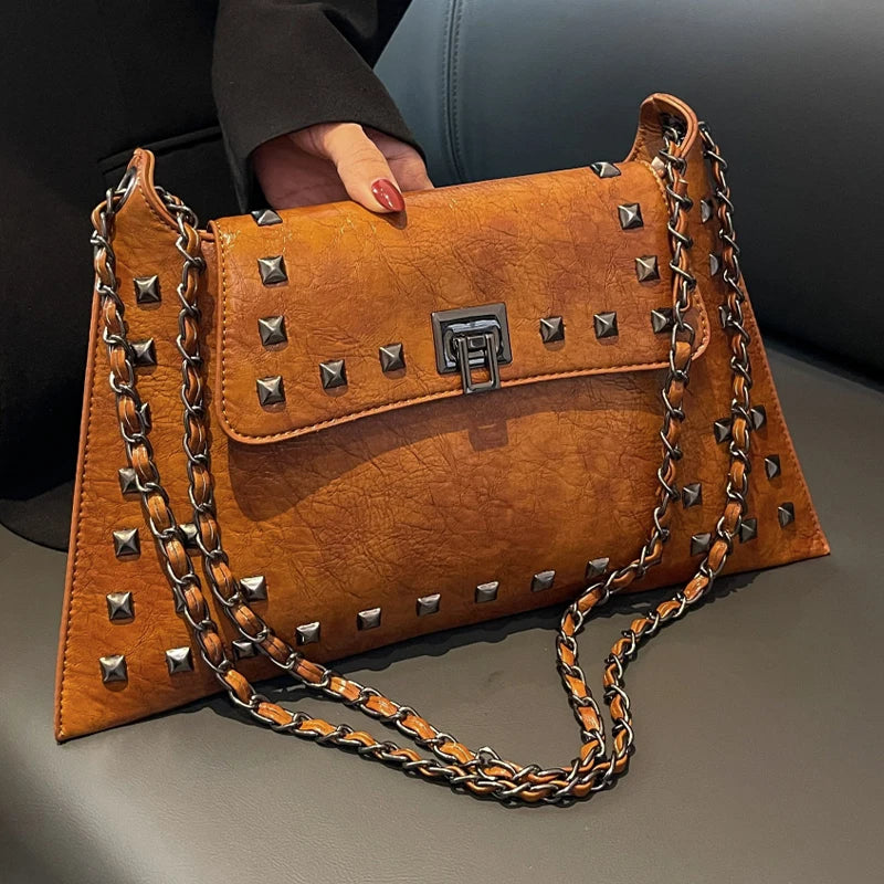 Punk Studded Envelope Shoulder Bag for Women | Rivet Chain Crossbody Handbag | Black & Chocolate