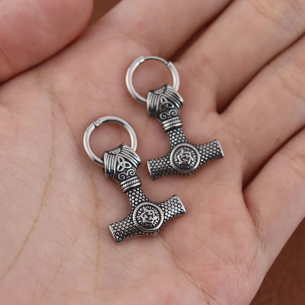 Stainless Steel Men's Thor's Hammer Viking Earrings Vintage Nordic Celtic Knot Rune Drop Earring Hip-hop Biker Jewelry Wholesale