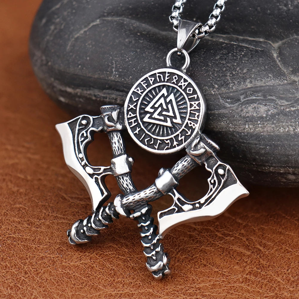 Vintage Domineering Viking Valknut Tomahawk Necklace Stainless Steel Nordic Rune Axe Pendant Scandinavian Male Jewelry Wholesale