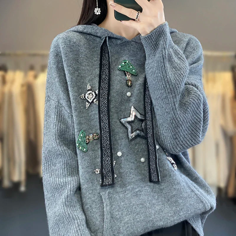 Autumn/Winter New Women's 100% Wool Cashmere Sweater Casual Thickened Hooded Collar Pullover Loose Korean Knitted Top