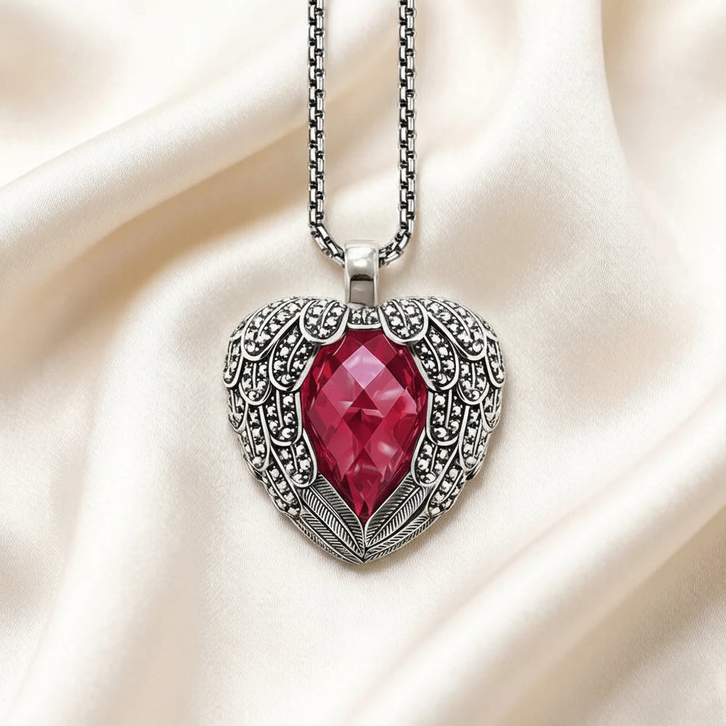 Women's 925 Sterling Silver Red Winged Heart Pendant Necklace