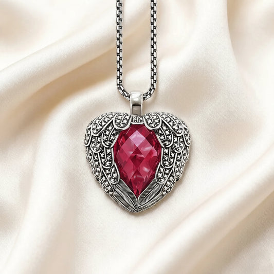 Women's 925 Sterling Silver Red Winged Heart Pendant Necklace