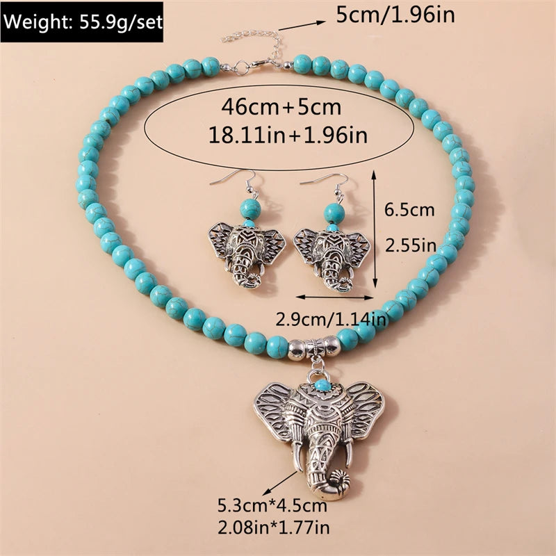 Bohemian Turquoise Elephant Necklace Earrings Set for Women Girls Party Holiday Jewelry Accessories