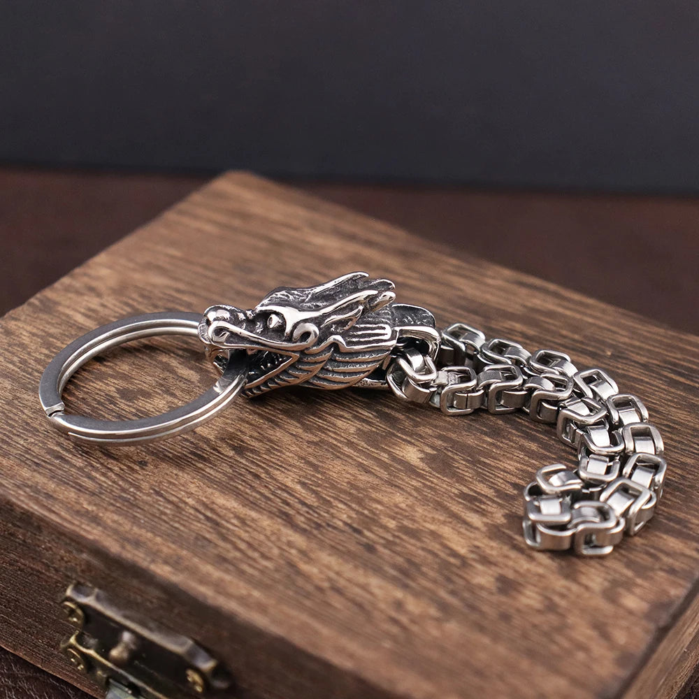 Chinese Dragon Head Stainless Steel Keychain — Viking Style | Men's Gift