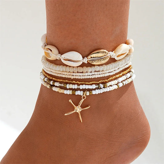 Fashion Summer Beach Starfish Shell Charm Rice Bead Anklet Set For Women