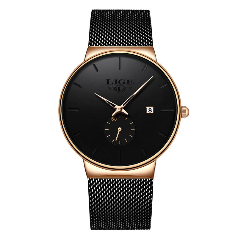 LIGE Men's Fashion Slim Quartz Watch | Mesh Steel Band | Waterproof | Auto Date
