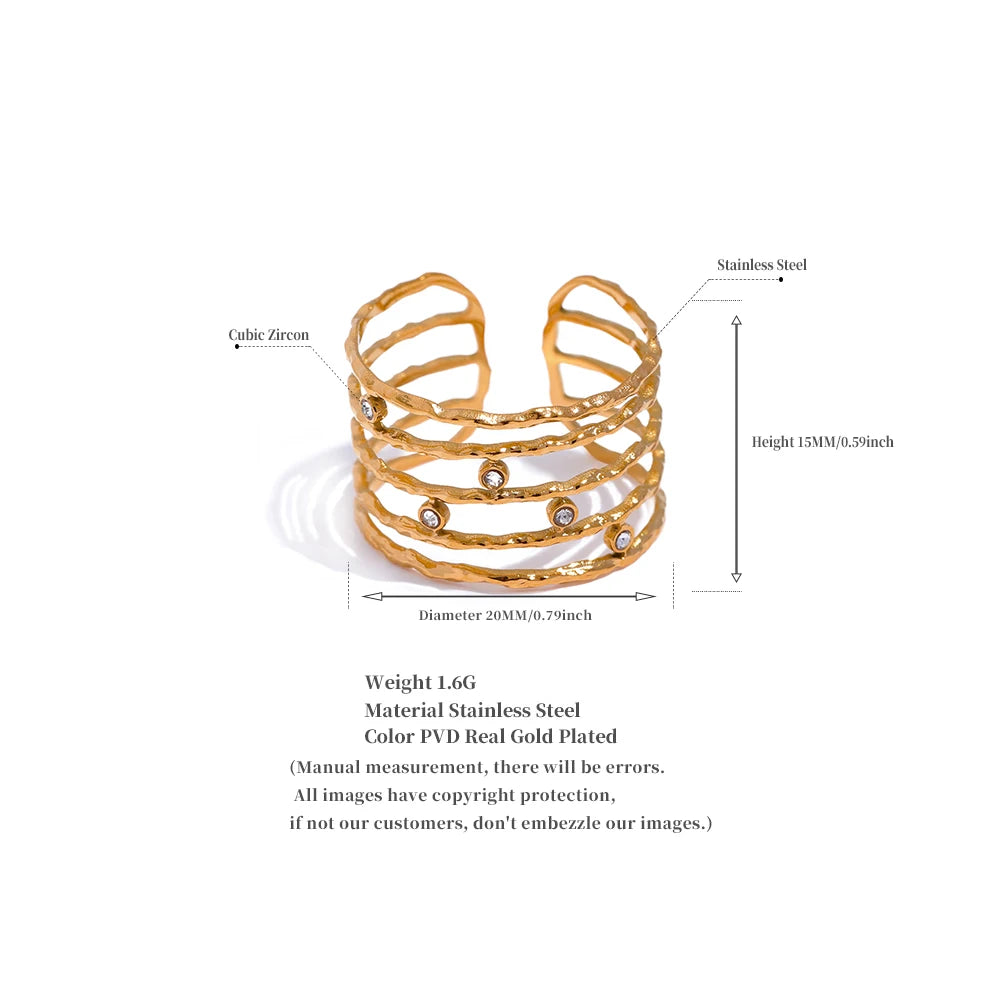 Chic Layered Stainless Steel Finger CZ Wide Ring Stylish 18K Gold Color French Charms Jewelry Waterproof Women Wholesale