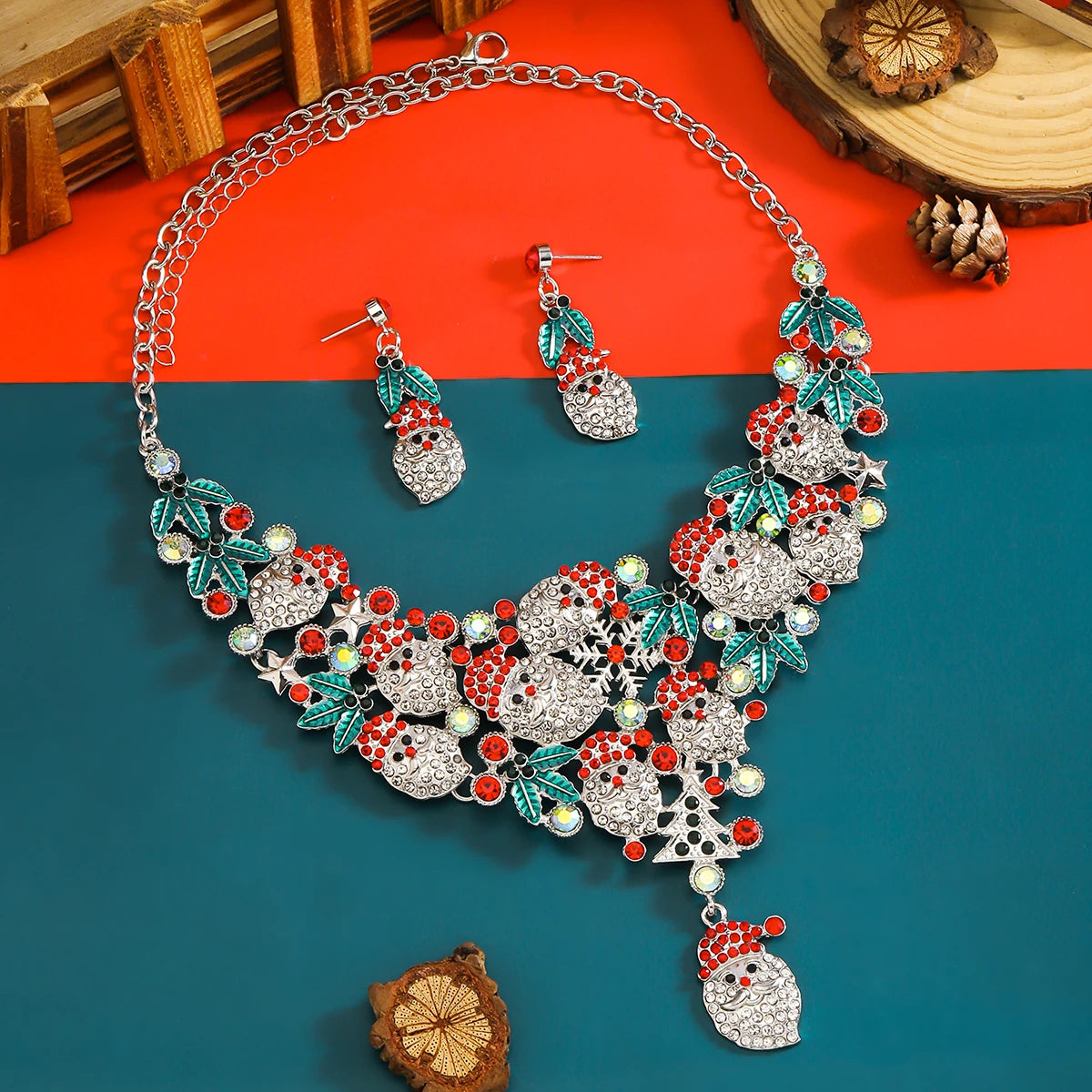 3pcs Elegant Rhinestone Beaded Christmas Necklace Earrings Set,Cute Rice Bead Enamel Santa Clau Party Women Accessorie