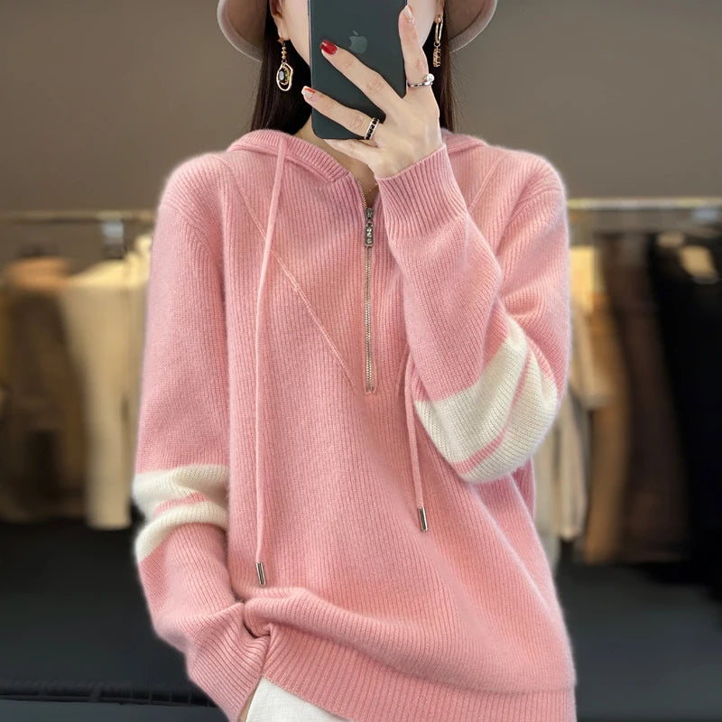 Autumn and Winter New Women's Cashmere Sweater 100% Wool Hoodie Knitted Pullover Loose Korean Fashion Thickened Top