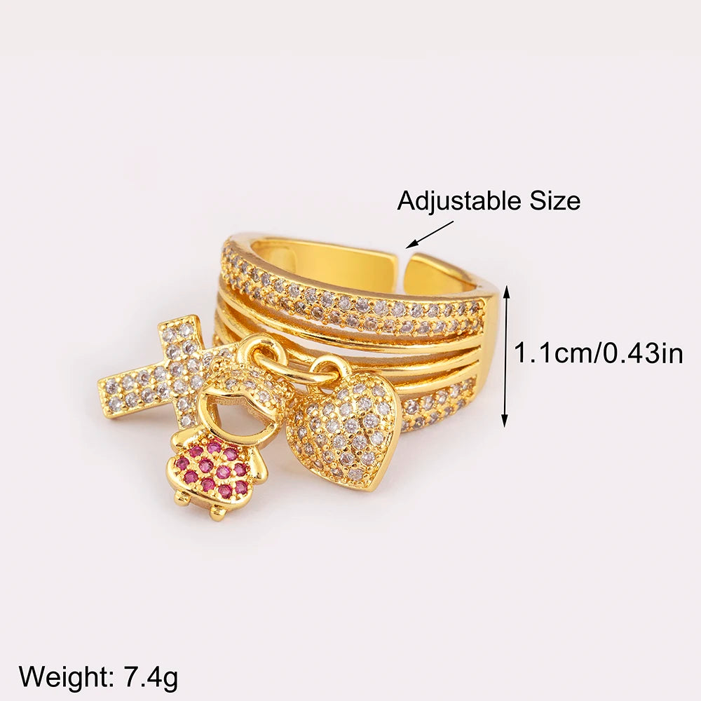 Women's Gold Plated Family Charm Ring – Adjustable
