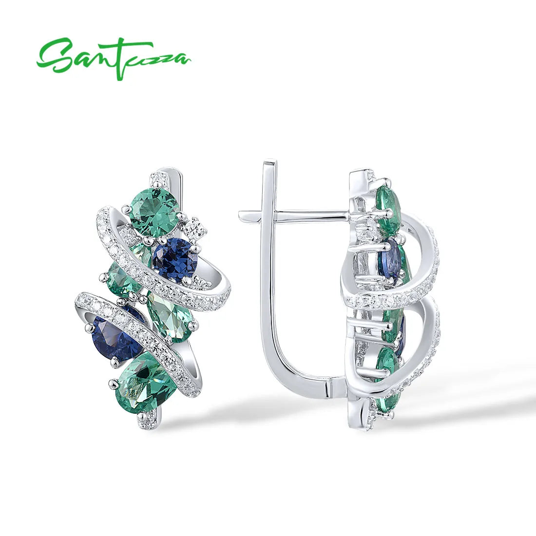 Silver Earrings For Women Pure 925 Sterling Silver Sparkling Blue Green Spinel White CZ Earrings Charming Fine Jewelry