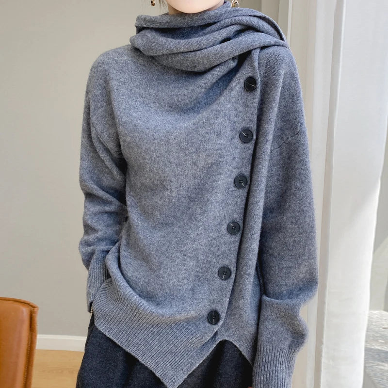 Autumn/Winter New Women's 100% Wool Cashmere Sweater Scarf Tie Button Pullover Loose Korean Fashion Knitted Women's Top