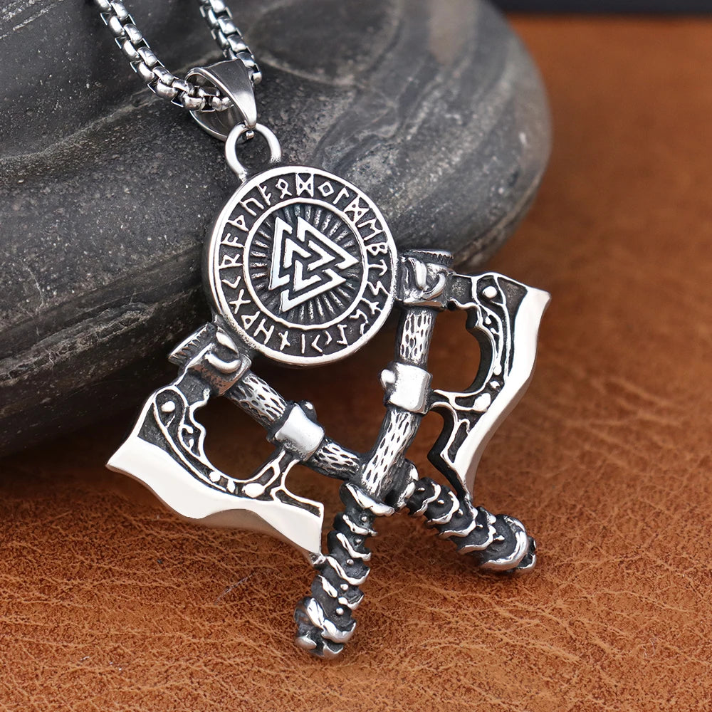 Vintage Domineering Viking Valknut Tomahawk Necklace Stainless Steel Nordic Rune Axe Pendant Scandinavian Male Jewelry Wholesale