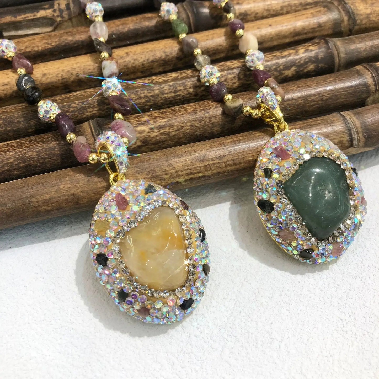 Natural Tourmaline Pendant Necklace - Retro Long Chain Necklace