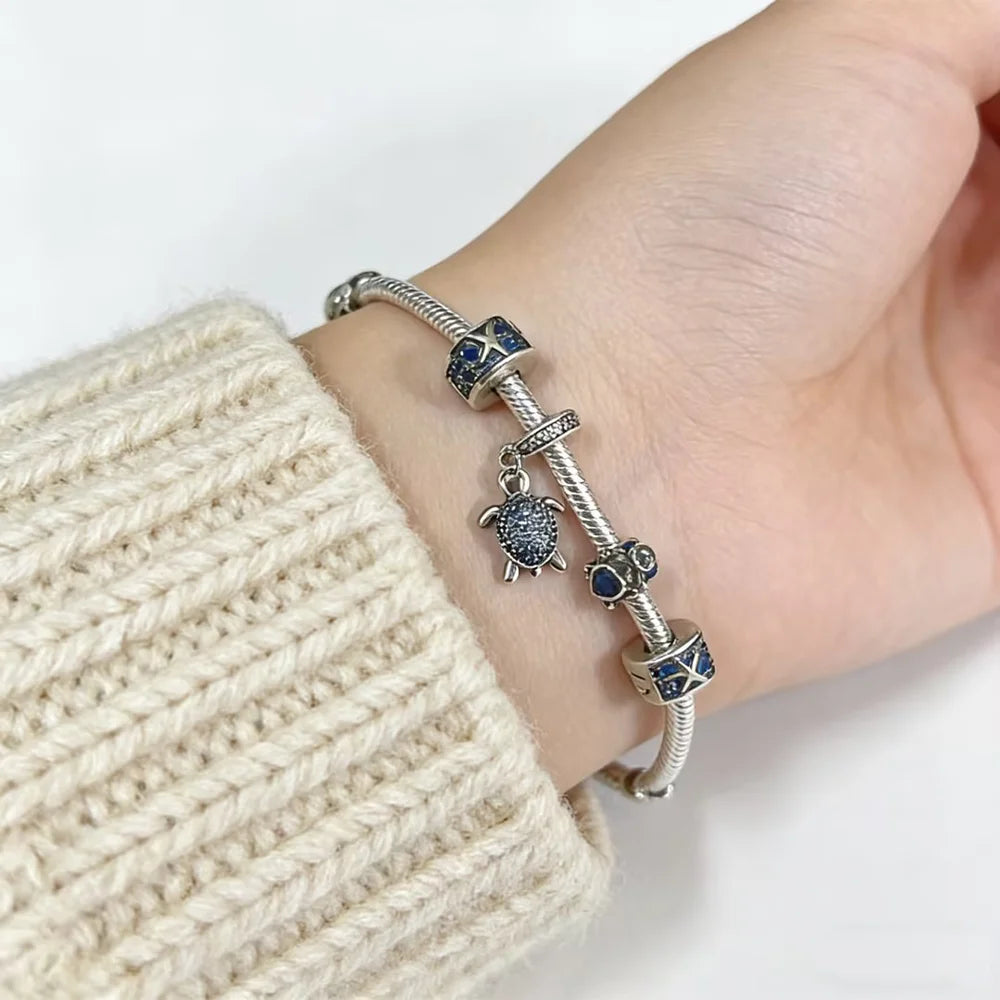 Original 925 Silver Blue Ocean Jewelry Set Shiny Zircon Starfish Turtle Charms Pendant Fit DIY Bracelet Jewelry Gift with Box