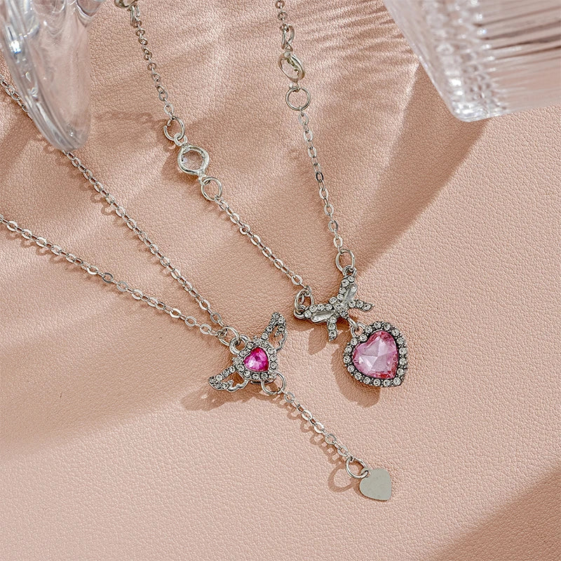 2PCS Crystal Angel Wings Heart Pendant Necklaces Set Ladies Girl Simple Y2K Pink White Zircon Love Elegant Necklace For Women