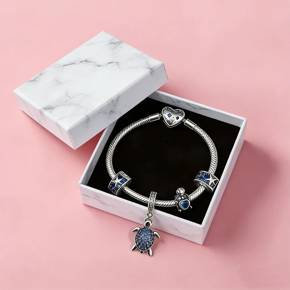 Original 925 Silver Blue Ocean Jewelry Set Shiny Zircon Starfish Turtle Charms Pendant Fit DIY Bracelet Jewelry Gift with Box