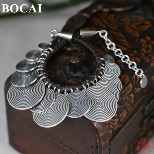 BOCAI Real Sterling Silver S925 Bracelet 2022 Retro Creative Design Woven Wax Rope-Chain Round Plate Pure Argentum Hand String