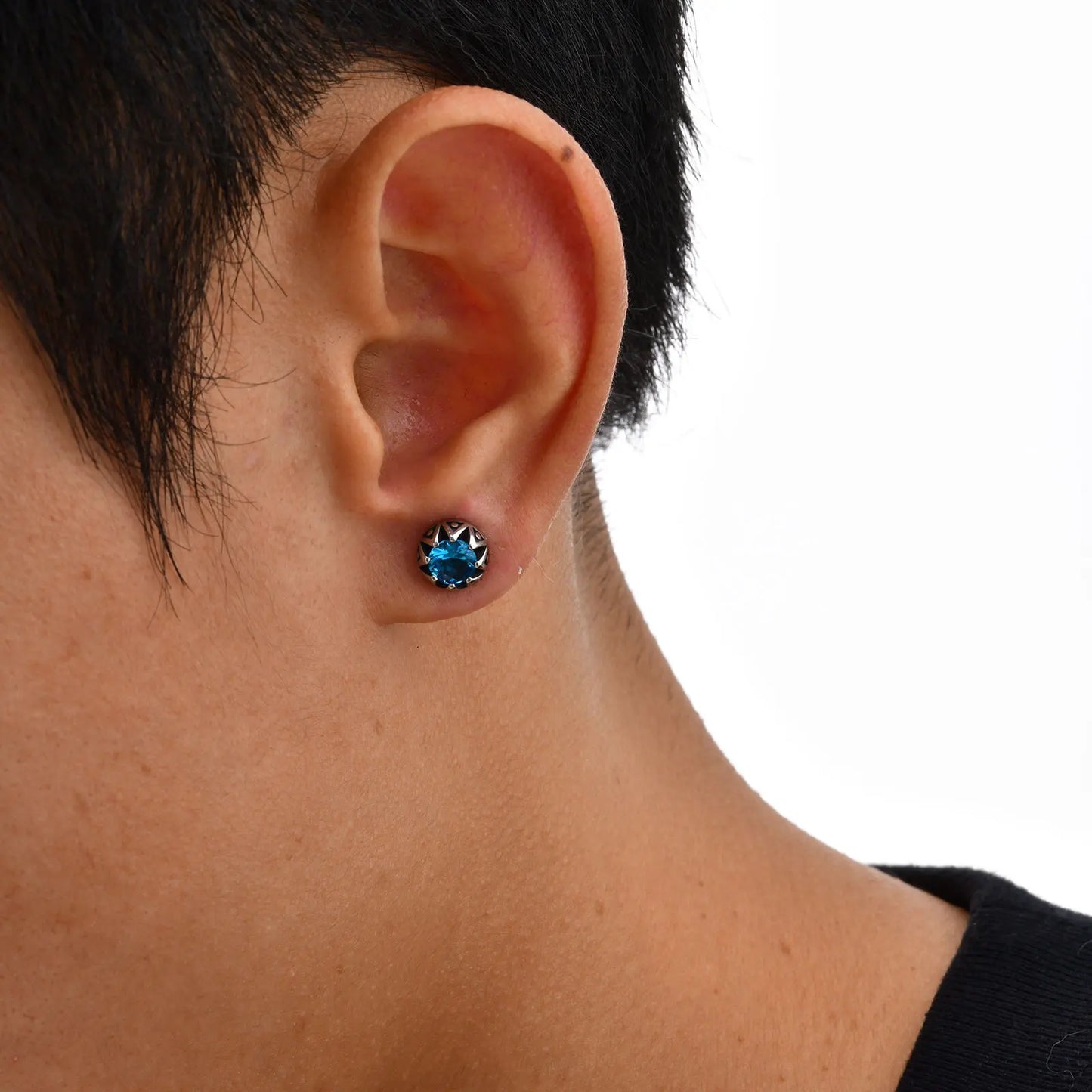 Men's Sea Blue Crystal Stud Earrings – Hypoallergenic Stainless Steel