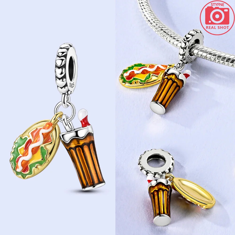 925 Silver Charms Original Hot Dog Coke Apple Pink Flowers Beads Fit Bracelet Jewelry Women Diy Friend Gift Accessories