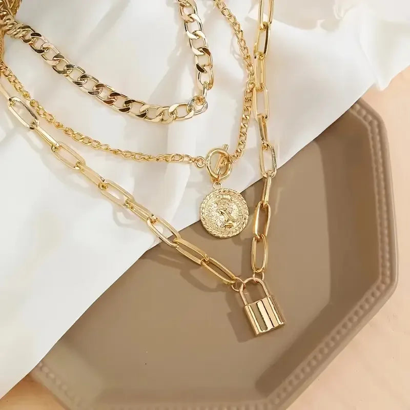 Women's 3-Piece Layered Gold Chain Necklace Set | Lock, Coin & Link Pendant