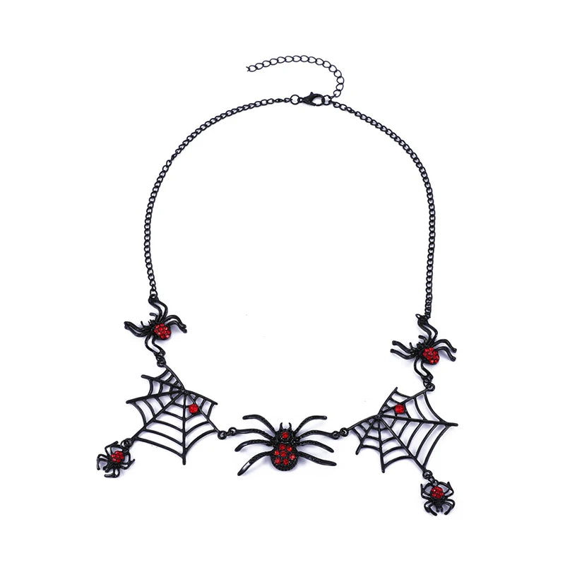 Gothic Black Spider Red Crystal Pendant Necklace For Women Spider Web Punk Goth Rock Unique Fashion Halloween Jewelry Party Gift