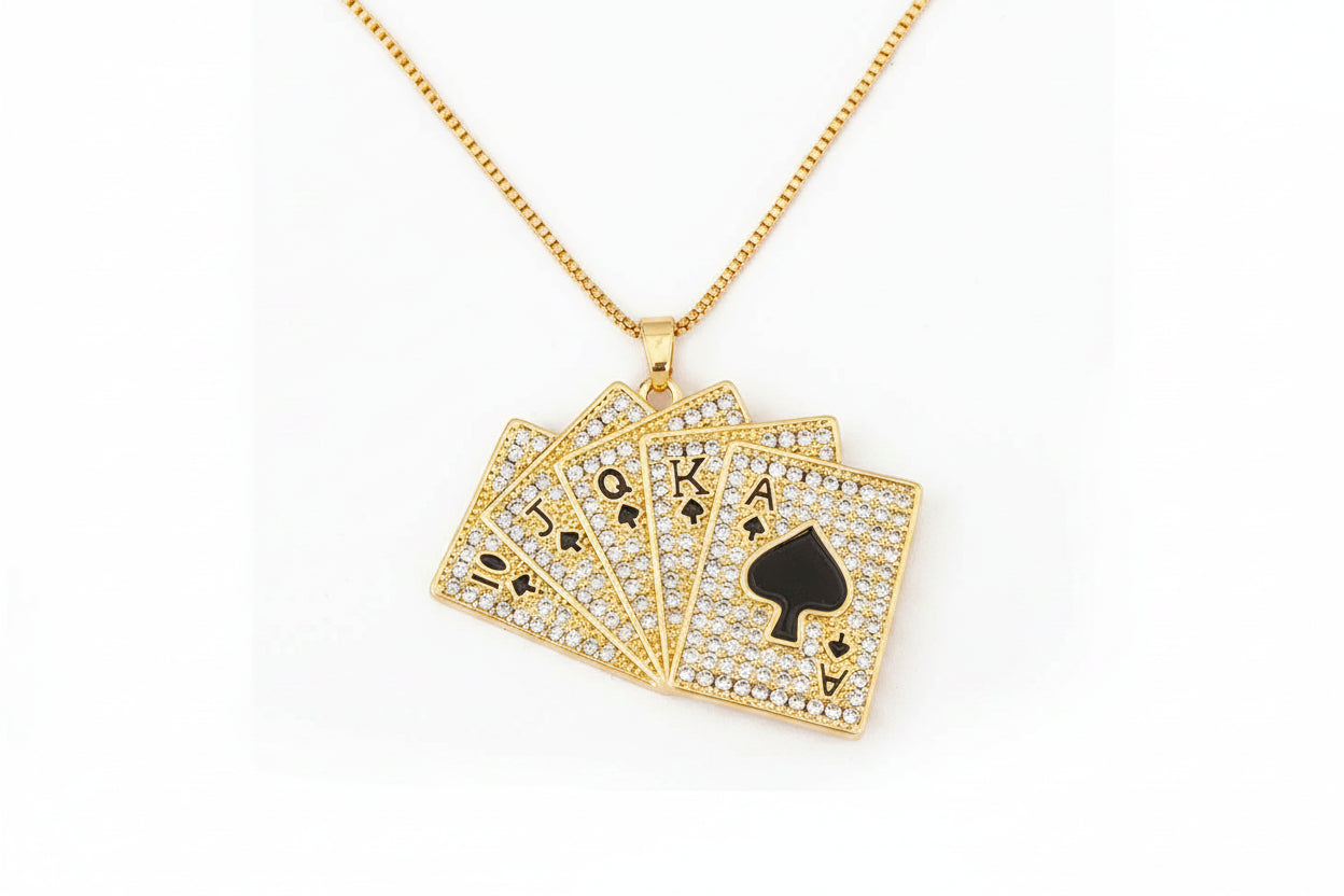 Gold Poker Playing Cards Pendant Necklace with Crystal Zircon
