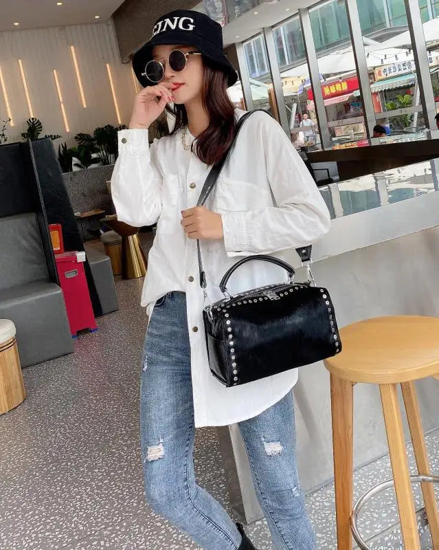 Female Real Horse Hair Shiny Evil Eyes Rhinestone Boston Side Bag Fashion Stylish Vegan Leather Big Capacity Short Handle Bag